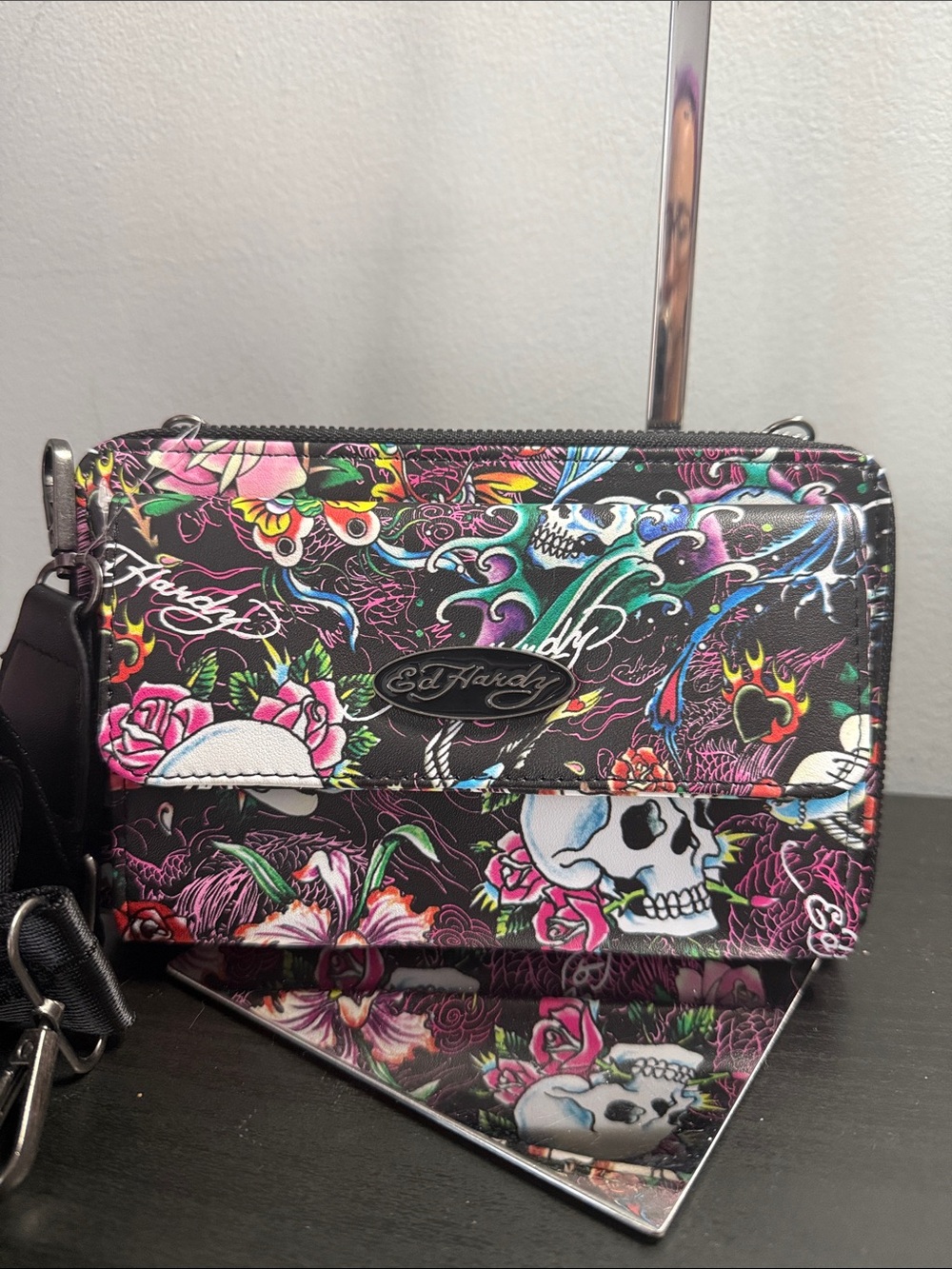 Ed Hardy NWT Black Floral Skull Wristlet Wallet with Crossbody Guitar Strap